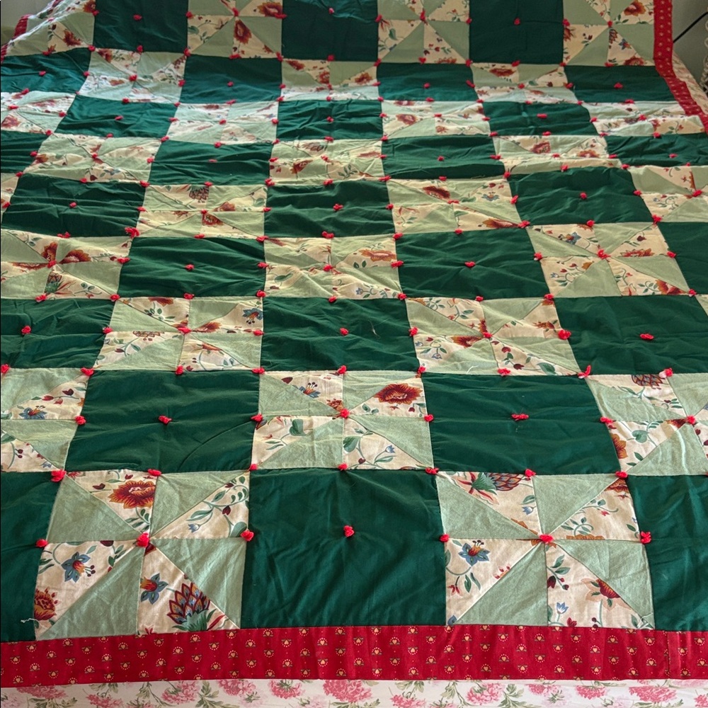 Hand Crafted Green and Red Floral Patchwork Quilt